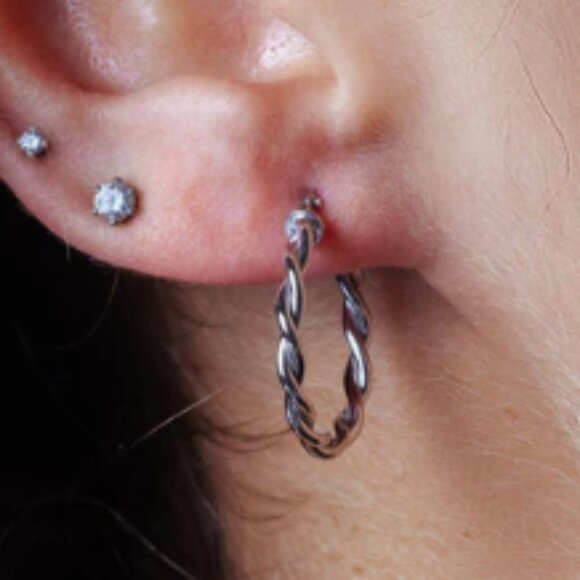 Silver 925 Rhodium Plated Silver Twisted Hoop Earrings  Sterling Silver 925 Rhodium Plated 15mm Twisted Hoop Earrings